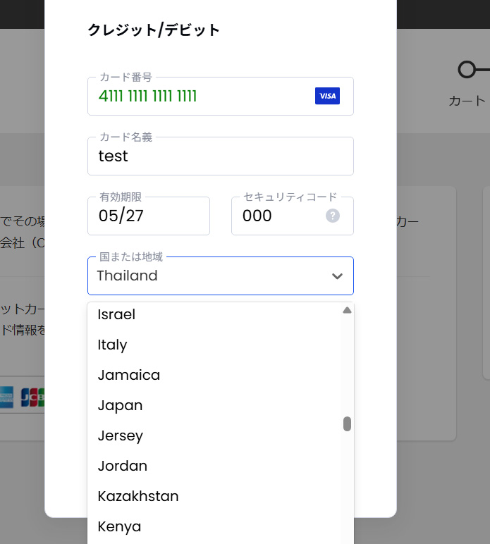 Pure Domain クレジットカード情報の入力画面