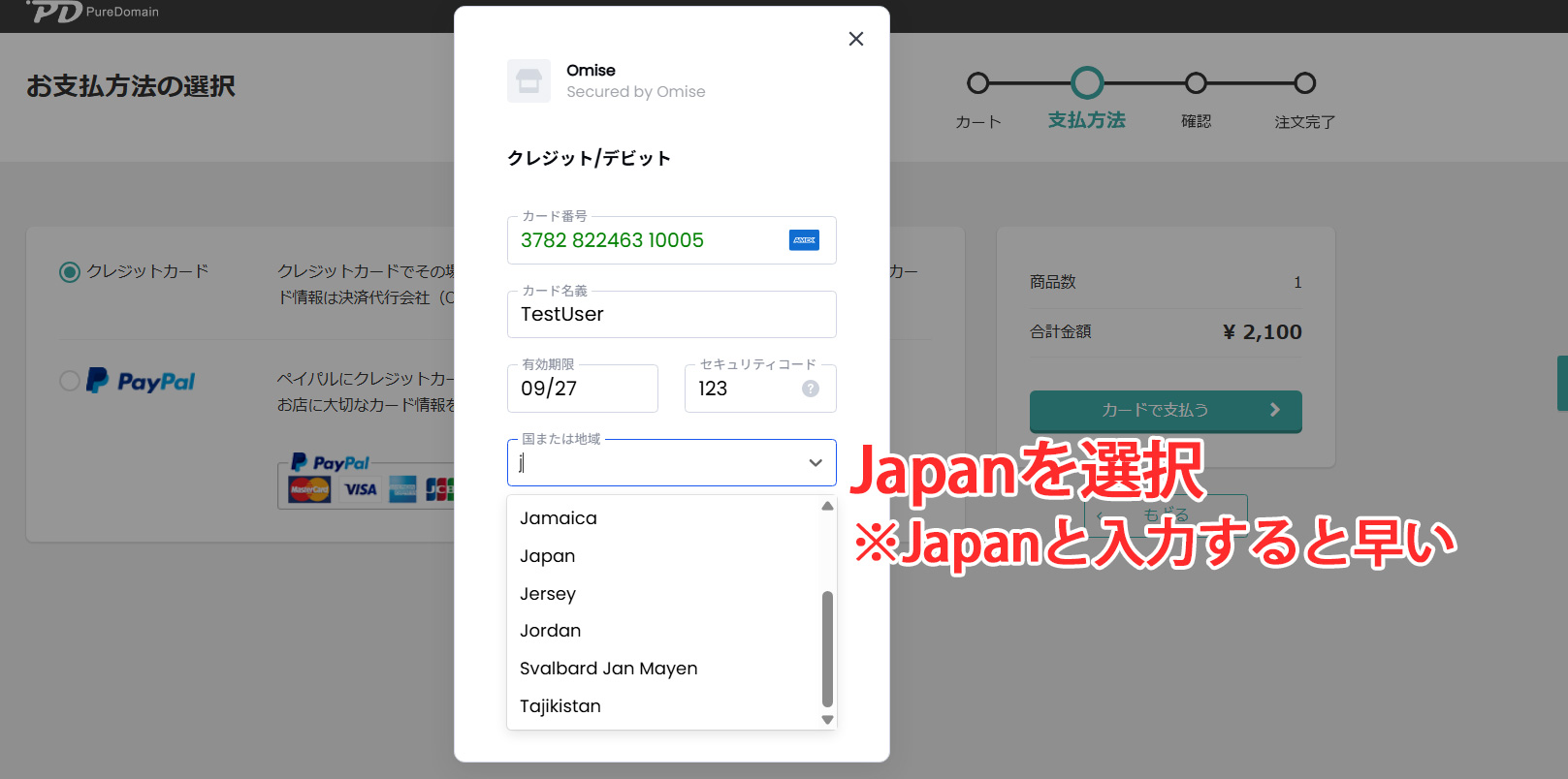 Pure Domain 国または地域の選択画面