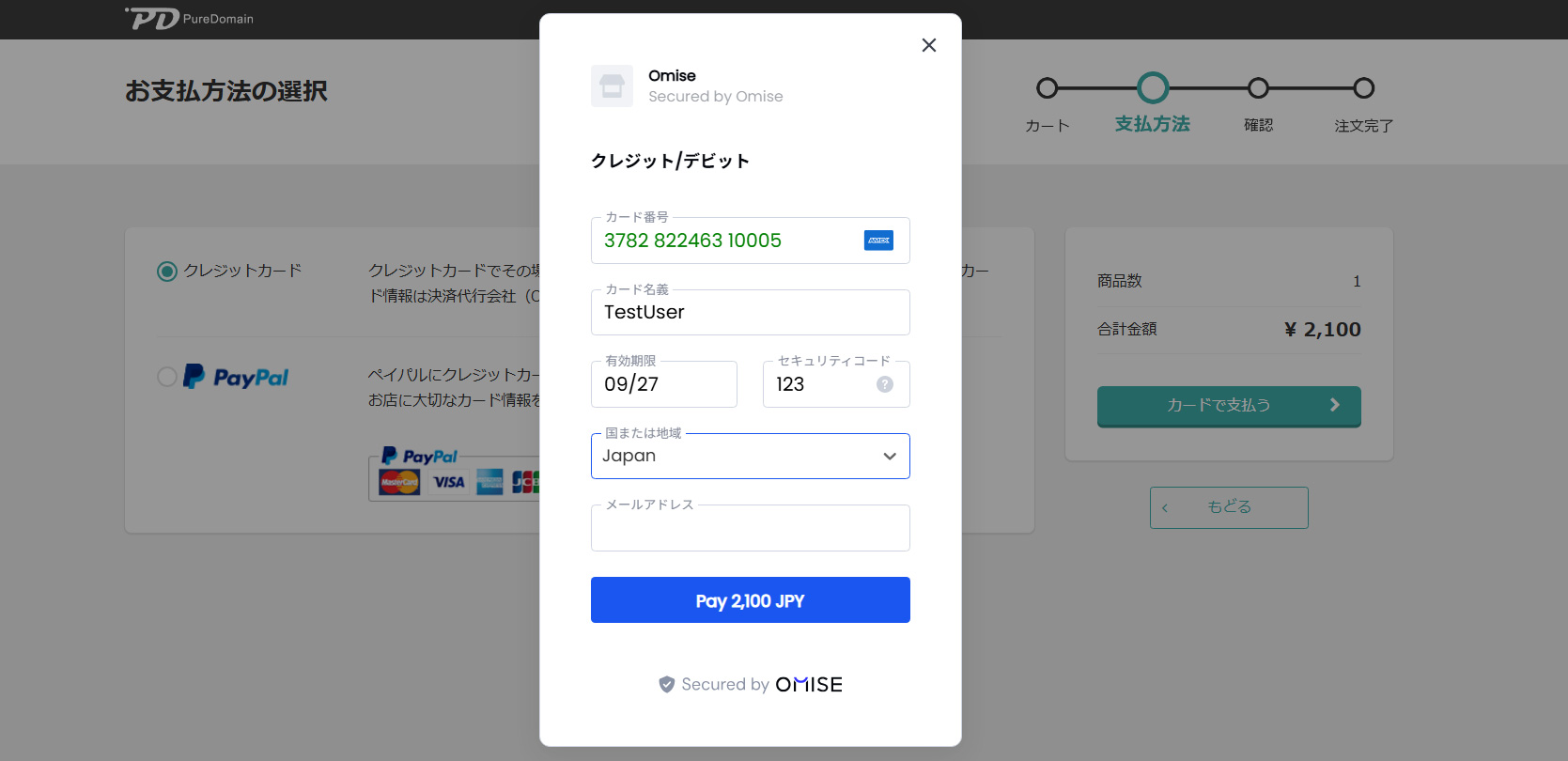 Pure Domain メールアドレス入力・支払い画面